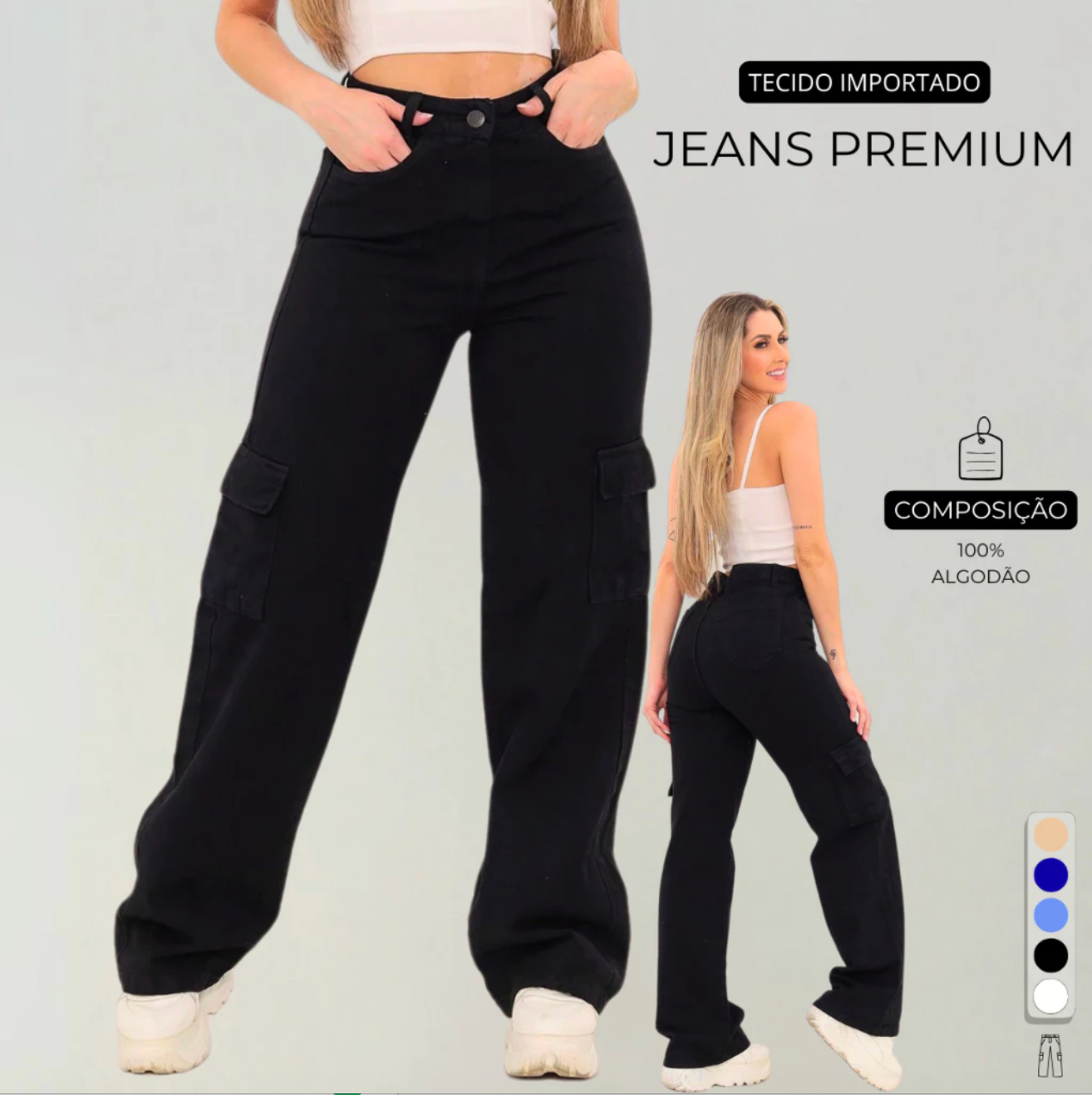 Calça Cargo Feminina Preta Jeans Original Wide Leg Cintura Alta 34 Ao 44