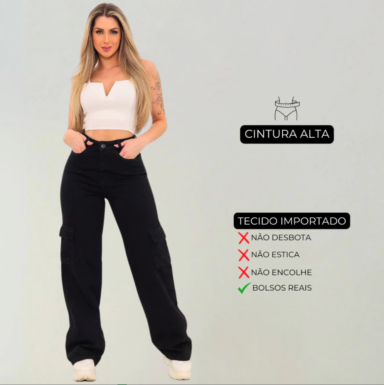 Calça Cargo Feminina Preta Jeans Original Wide Leg Cintura Alta 34 Ao 44