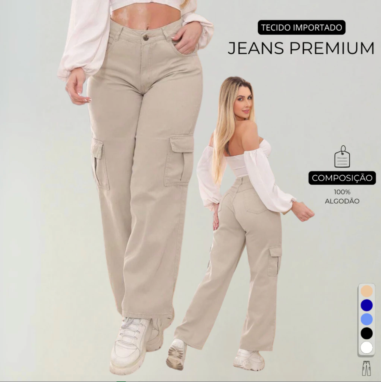 Calça Cargo Feminina Preta Jeans Original Wide Leg Cintura Alta 34 Ao 44