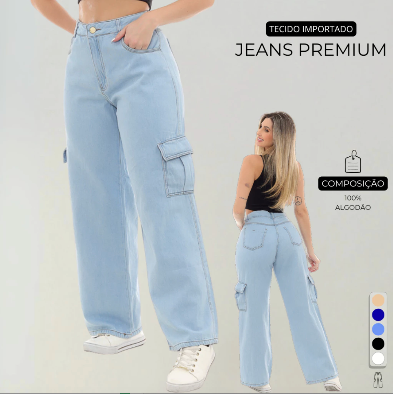 Calça Cargo Feminina Preta Jeans Original Wide Leg Cintura Alta 34 Ao 44