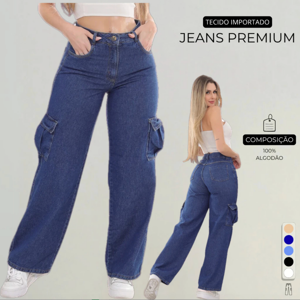 Calça Cargo Feminina Preta Jeans Original Wide Leg Cintura Alta 34 Ao 44