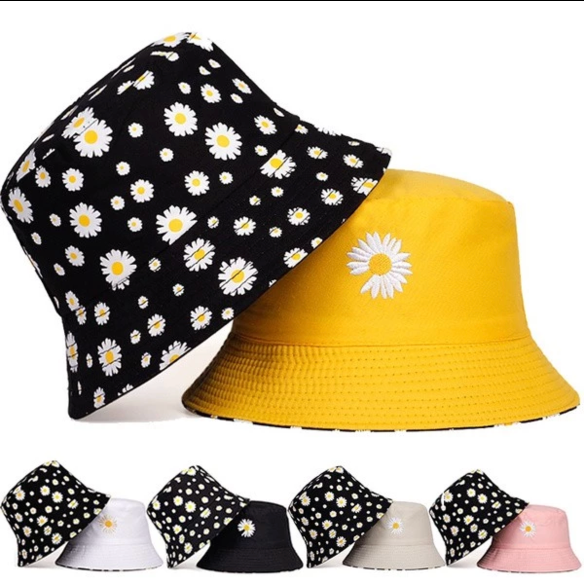 chapéu unisex balde bordado pequenas margaridas dupla face bucket hat