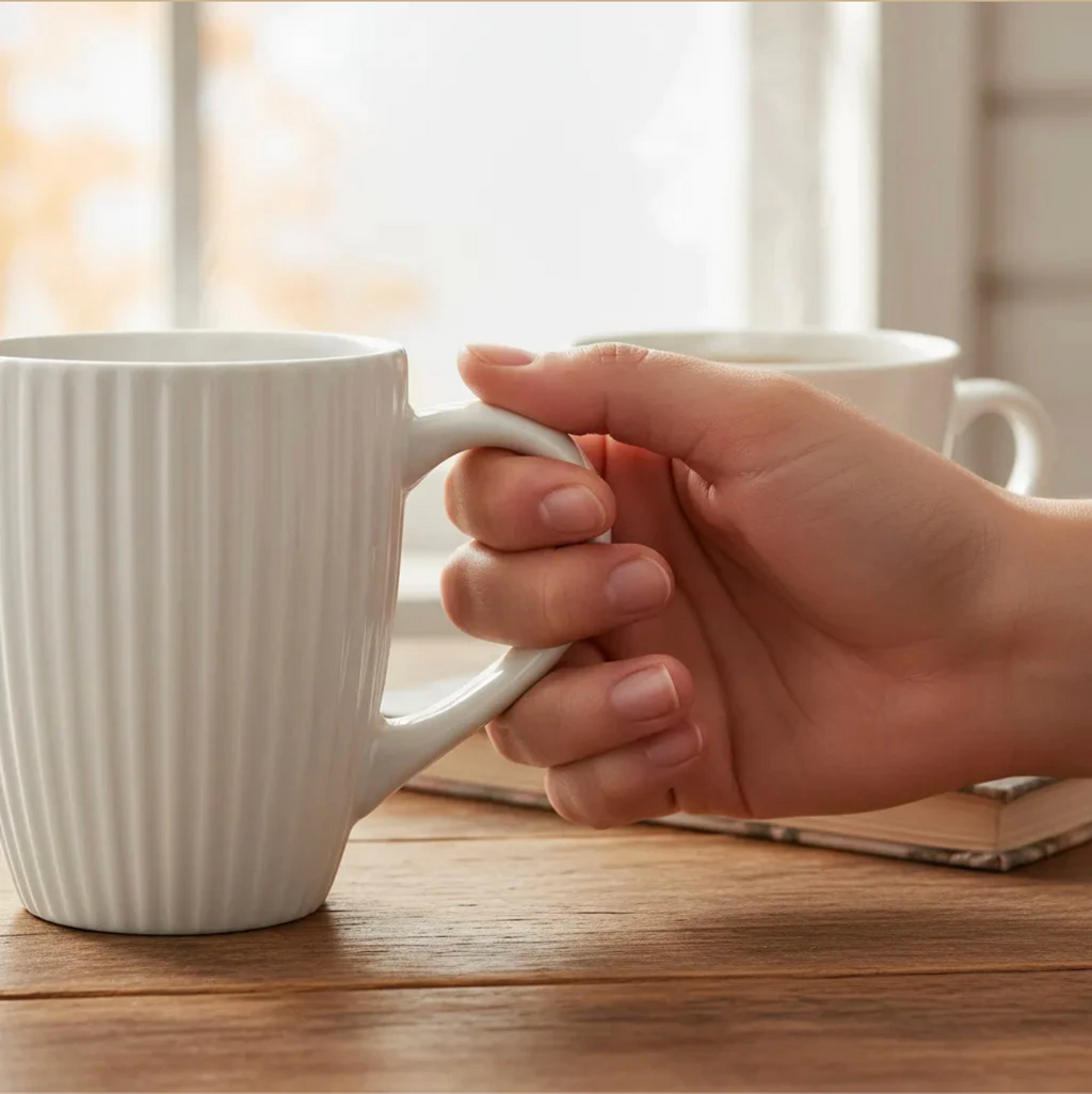Caneca Branca de Café Cerâmica Frisada Grande Scalla
